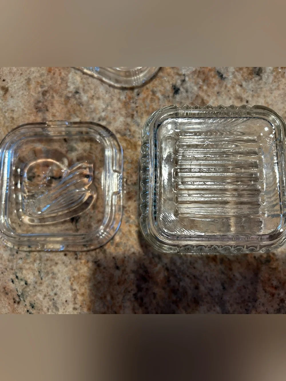 Vintage Ribbed Federal Glass Refrigerator Box w/ (2) Embossed Lids. 4.25”x2.75”
